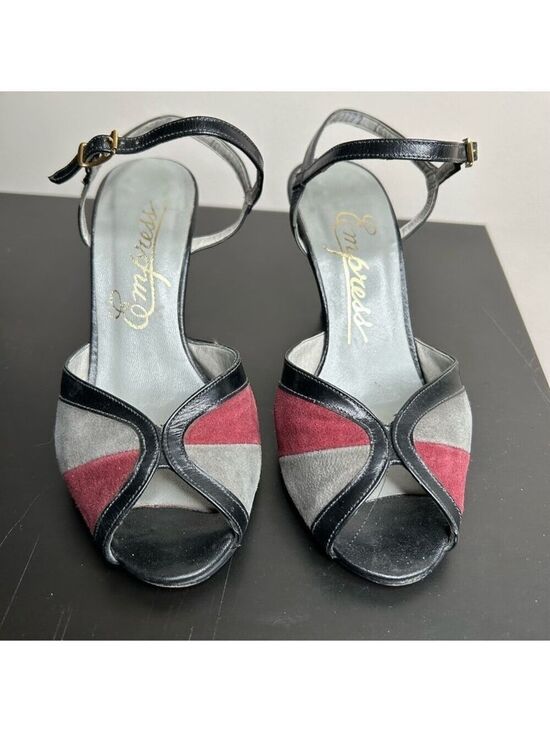 Empress Shoes - Empress Ballroom Peep Toe Heels Red Grey Suede Size 6.5